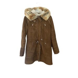 Laundry by Shelli Segal Los Angeles Suede Sherpa Lined Faux Fur Hood Brown Coat